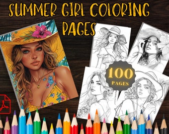 May include: A set of 100 coloring pages featuring illustrations of girls in summery outfits. The pages are black and white and ready to be colored. The cover image shows a girl with long blonde hair wearing a yellow hat and a floral dress. The text "SUMMER GIRL COLORING PAGES" is displayed at the top of the image. The text "100 PAGES" is displayed in the center of the image.