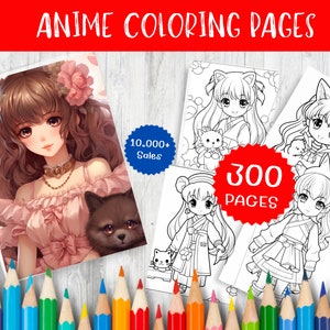 300 Anime Coloring Pages for Kids and Adults- Grayscale Coloring Page - Gift for Girls - Instant Download - Gift Printable Art PDF