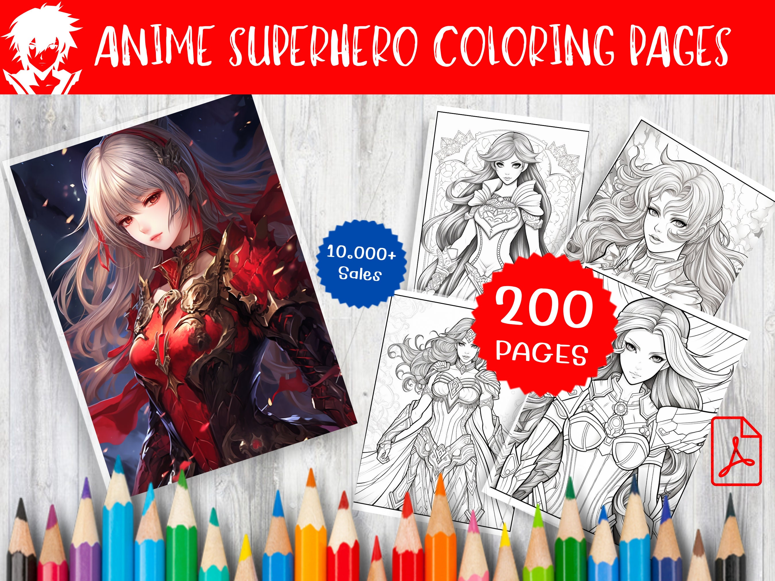 200 Anime Superhero Coloring Page Digital Download, Printable Hero Line