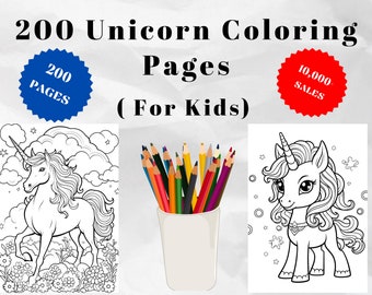 200 Unicorn Coloring Pages for Kids, Valentine's Day Printables (Digital Download)