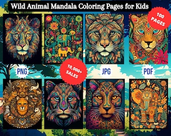 May include: A set of 100 coloring pages featuring wild animal mandalas. The images include a lion, tiger, leopard, and elephant. The pages are available in PNG, JPG, and PDF formats. 10,000+ sales.