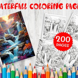 200 Waterfall Coloring Pages – Nature Scenes, Adult & Kids (PDF Pattern)