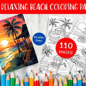 110 entspannende Strand-Malvorlagen für achtsame Kunsttherapie und Stressabbau – druckbare digitale Download-Kunst für sofortige Entspannung