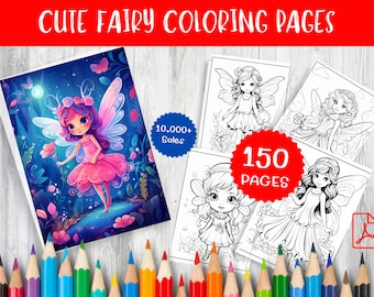 May include: A set of 150 coloring pages featuring cute fairies with wings and flowers. The pages are black and white and ready to be colored. The image also shows a colored example of a fairy with pink wings and a pink dress.