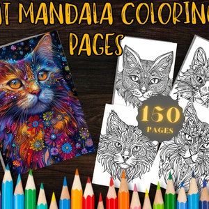 150 Cat Mandala Coloring Pages Designs for Relaxation & Creativity - Printable Digital Download for Adult - Stress Relief Art Therapy