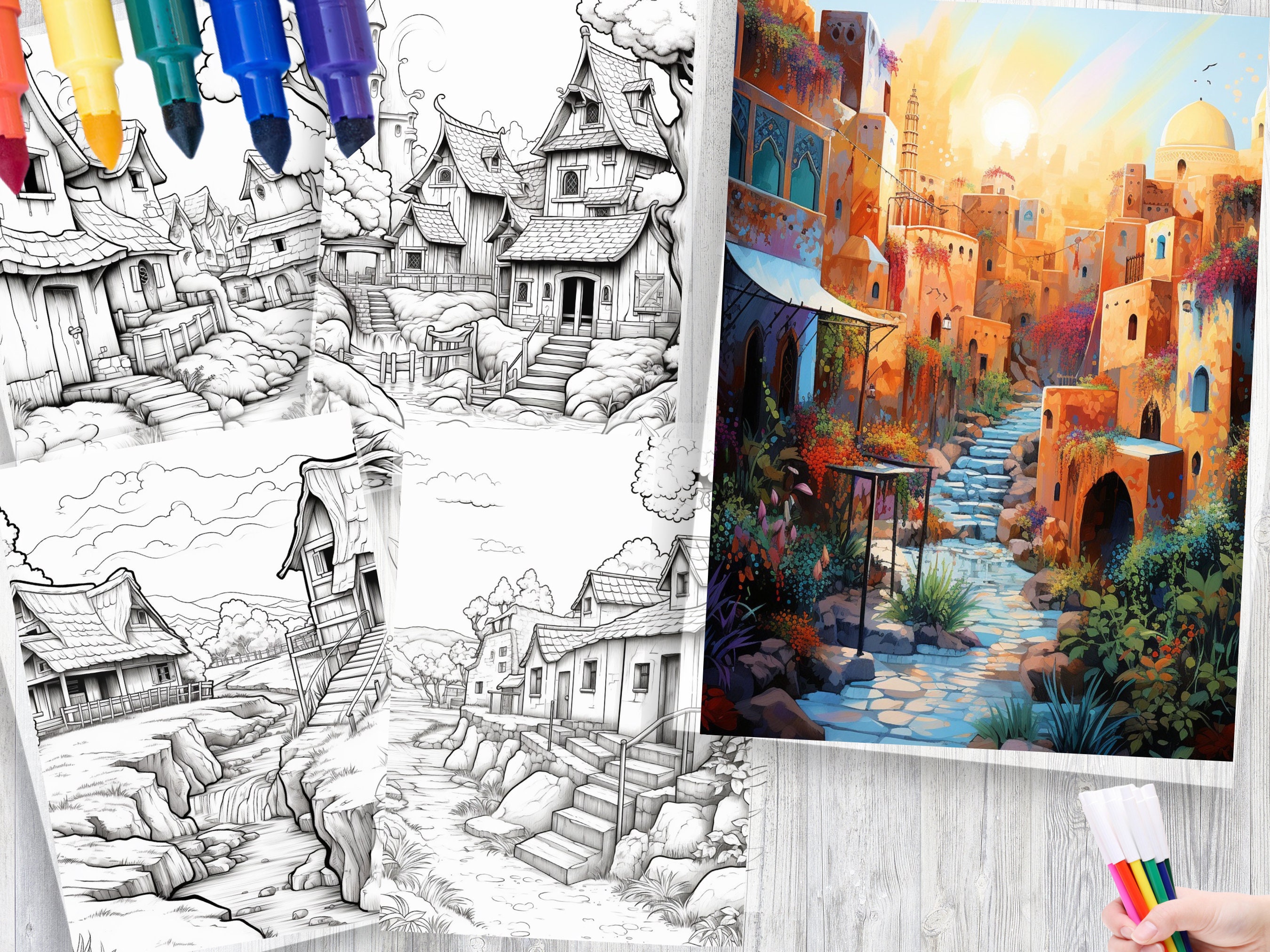 300 Village Scene Coloring Pages | Adult Coloring Book (PDF Pattern) - Etsy