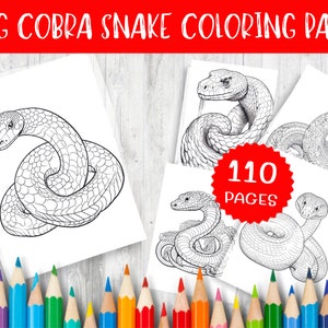 Può includere: Un set di 110 pagine da colorare con illustrazioni in bianco e nero di serpenti Cobra reale in varie pose. Le pagine sono stampate su carta bianca e sono pronte per essere colorate.
