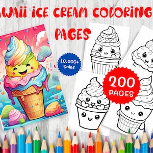 200 Funny Cute Kawaii Ice Cream Coloring Pages For Kids - Kawaii Coffee - Cup Cakes Coloring - Grayscale Coloring Page - Printable PDF, Gift