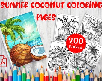 Dibujos de cocos para colorear en verano / 200 diseños de playa tropical (patrón en PDF)