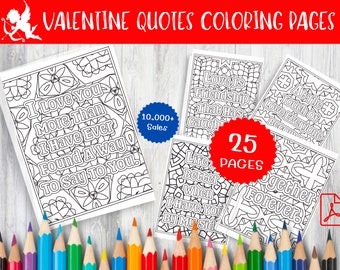 Valentine Quotes Coloring Pages - 25 Printable Relaxation Sheets (Digital Download)