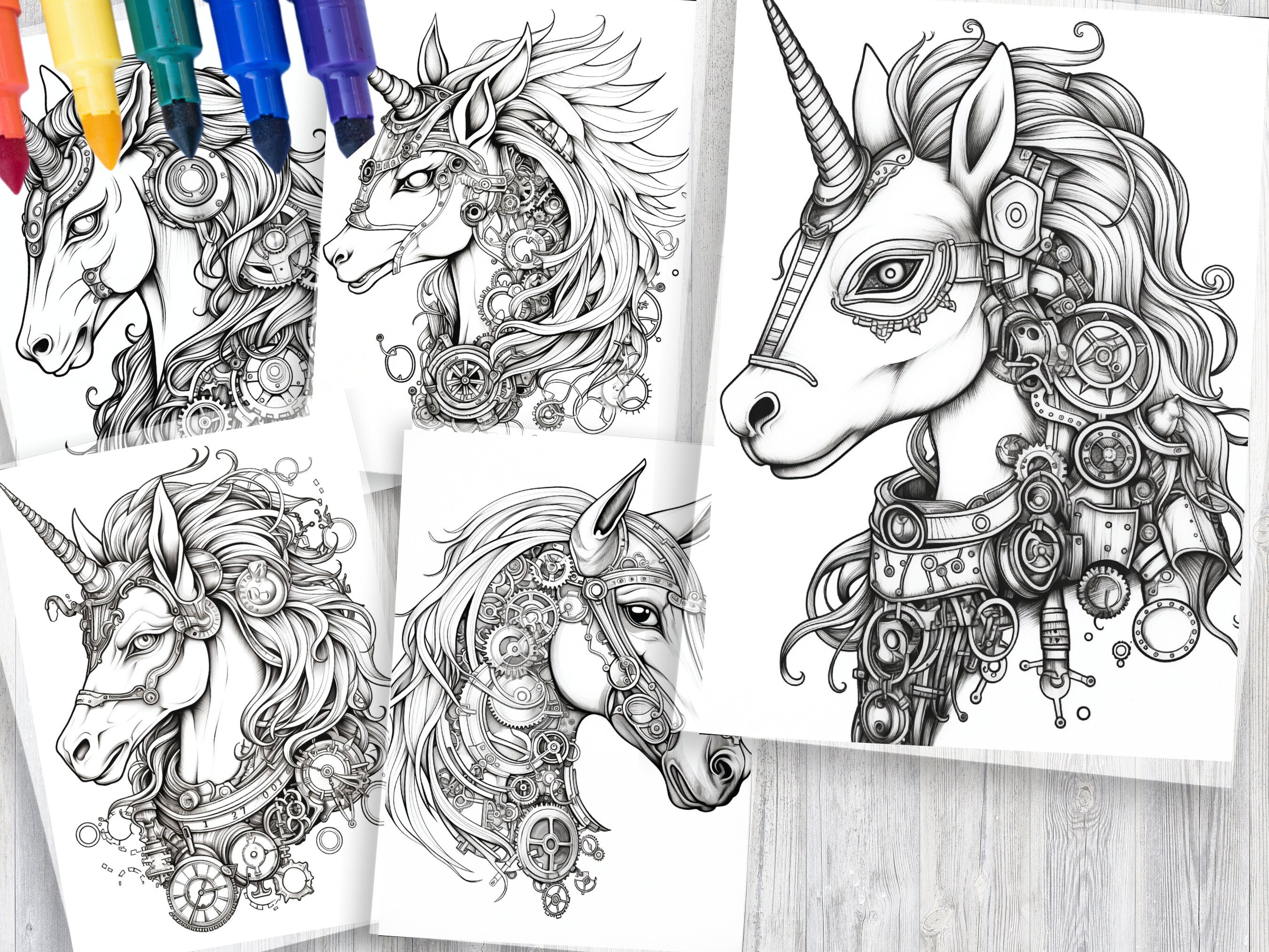90 Steampunk Unicorn Coloring Pages – Fantasy Art Designs (PDF Pattern ...