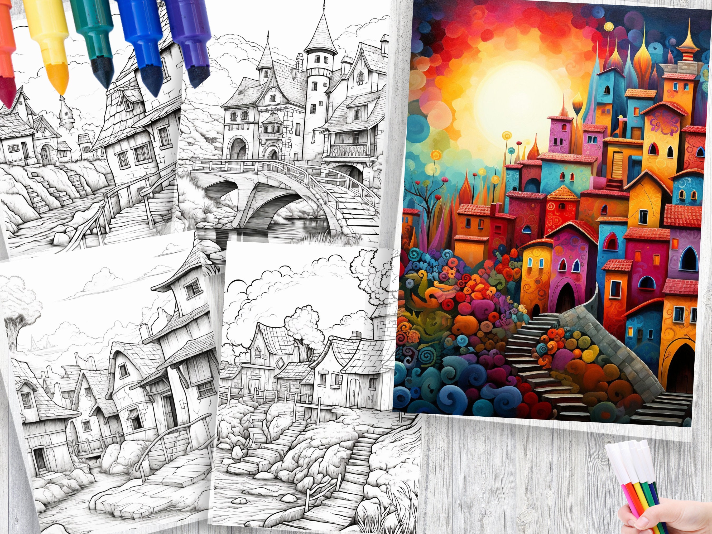 300 Village Scene Coloring Pages | Adult Coloring Book (PDF Pattern) - Etsy