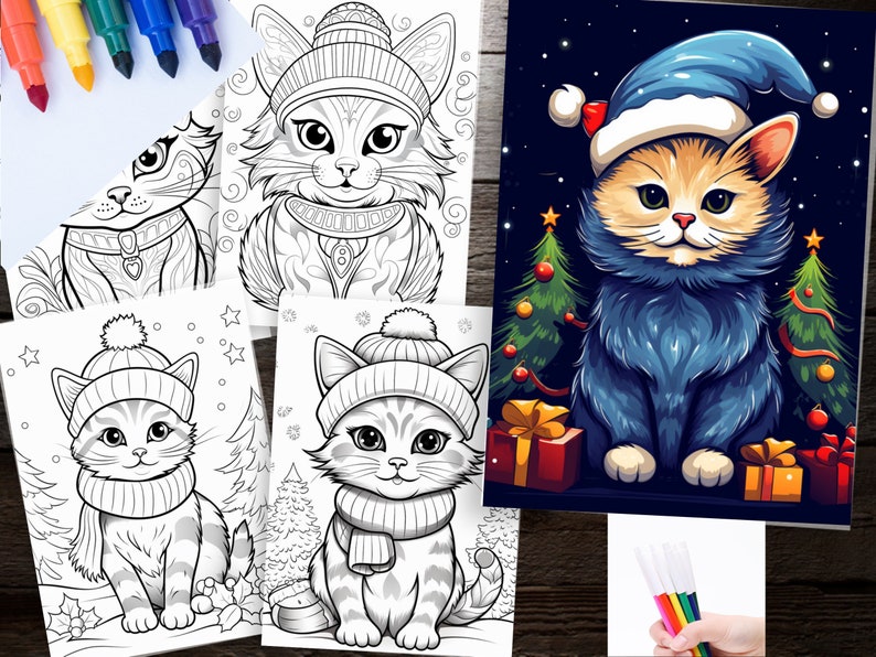 100 Cute Christmas Cat Coloring Book for Kids Cats Printable Holiday