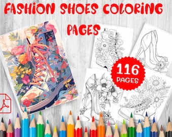 May include: A set of 116 coloring pages featuring different styles of shoes with floral designs. The pages are black and white and ready to be colored. The image shows a sample page with a colorful shoe with floral designs.