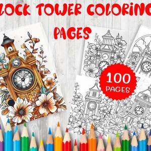 Puede incluir: Un conjunto de 100 páginas para colorear con ilustraciones intrincadas de torres de reloj. Las páginas son en blanco y negro y presentan diseños detallados de torres de reloj con acentos florales. La imagen de portada muestra una torre de reloj con una gran esfera de reloj y detalles florales.