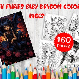 160 Goth Fairies with Baby Dragon Coloring Pages - Magical Fantasy Art for Adults and Kids - Mystical Gothic Illustrations, instant download
