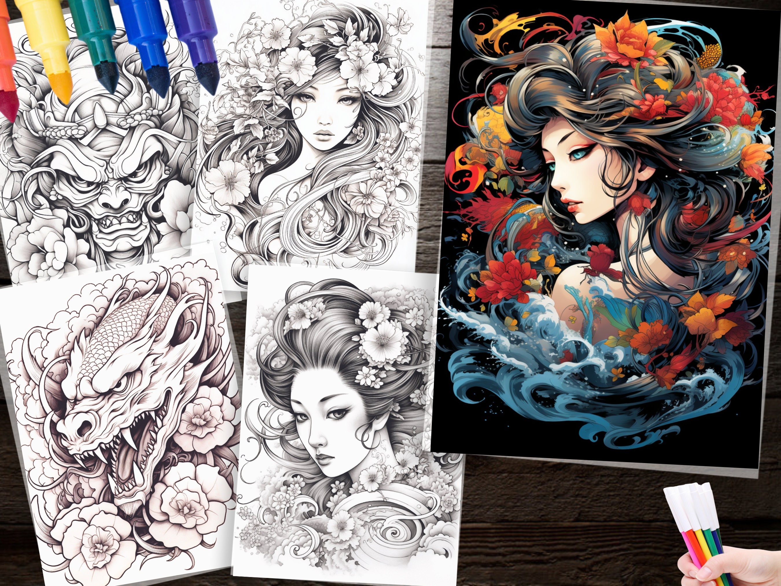 270 Japanese Tattoo Coloring Pages for Mindful Art Therapy and Relaxation Printable Designs for ...