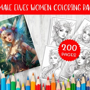 200 Enchanting Female Elves Women Coloring Page - Fantasy Art, Printable Adult Coloring Sheet, Whimsical Line Art, DIY Digital Download