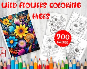 200 Wildflowers Coloring Pages, Floral Designs (PDF Pattern)