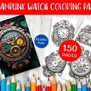 Puede incluir: Un conjunto de 150 páginas para colorear con intrincados relojes de estilo steampunk. Las páginas son en blanco y negro y presentan dibujos detallados de engranajes, piñones y otros elementos mecánicos. La imagen también incluye una ilustración colorida de un reloj steampunk con una variedad de engranajes y piñones.
