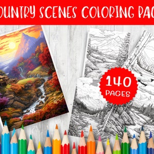 140 Country Scenes Relaxing Coloring Pages for Adults - Printable Digital Downloads - Farmhouses, Landscapes, Perfect DIY Art Therapy!