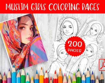 200 pagine da colorare di ragazze musulmane – Arte islamica per bambini (download digitale)