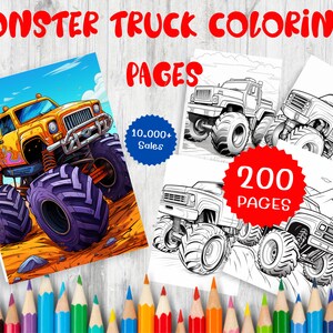 200 Monster Trucks Coloring sheets, Children Sheets Activities for Kids - Digital Download Coloring