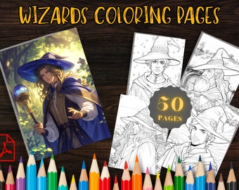 50 páginas para colorear de magos: arte imprimible encantador (patrón en PDF)