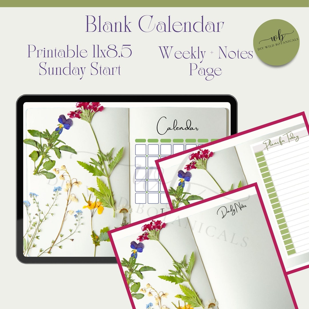 Blank Floral Calendar, Weekly Printable Pages, Printable Calendar Notes ...