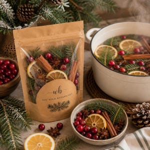 May include: A brown paper pouch labeled DIY WILD BOTANICALS with wb logo, containing dried orange slices, cinnamon sticks, star anise, cranberries, and pine needles. Beside it sits a bowl and a pot filled with the same botanical ingredients.
