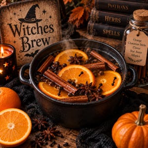 May include: A black cast iron pot filled with steaming liquid, orange slices, cinnamon sticks, star anise, and cloves. Beside it sits a glass jar with a tag labeled Orange, Cinnamon Sticks, Cloves, Star Anise, Allspice, and a wooden sign.