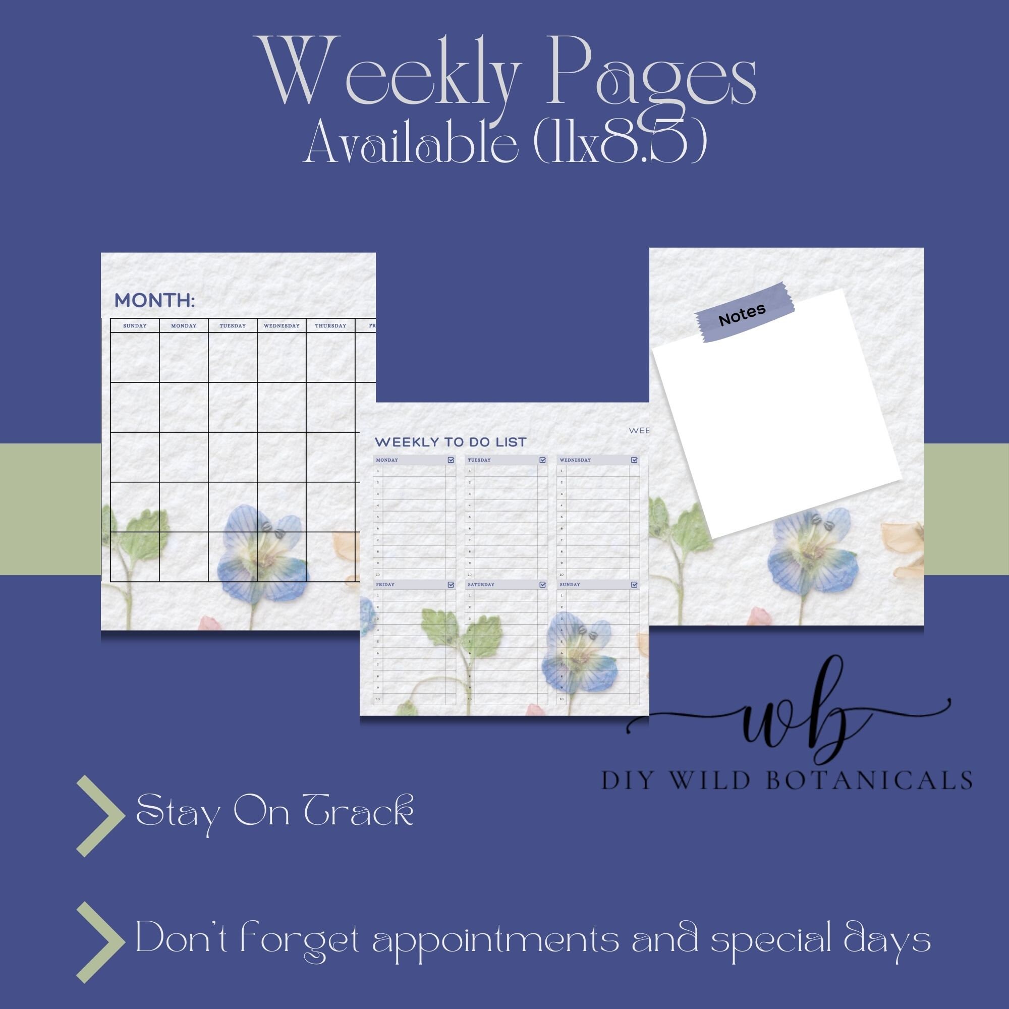 Blank Floral Calendar, Weekly Printable Pages, Printable Calendar Notes ...