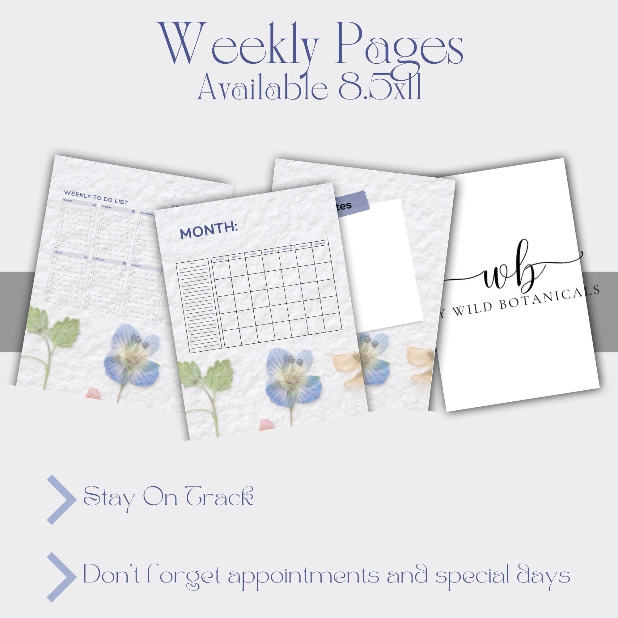 Blank Floral Calendar, Weekly Printable Pages, Printable Calendar Notes ...