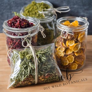 May include: A collection of dried herbs and spices in glass jars and a clear bag. The jars contain dried cranberries, green herbs, and orange slices. The clear bag is tied with twine and contains a mix of herbs. The text "DIY WILD BOTANICALS" is visible.