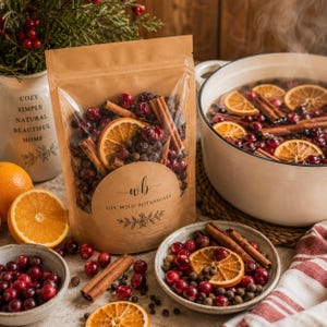 May include: A brown paper pouch labeled DIY WILD BOTANICALS containing dried cranberries, orange slices, and cinnamon sticks. Nearby are bowls of the same ingredients, a whole orange, and a white pot filled with a steaming, simmering liquid mixture.