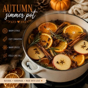 May include: A white enameled cast iron pot filled with an autumn simmer pot mixture containing sliced oranges, apple rounds, cinnamon sticks, star anise, cloves, and rosemary sprigs. Text reads AUTUMN simmer pot, WARM CITRUS, COZY CINNAMON, WARM SPICES, FEELS LIKE FALL, NATURAL, HANDMADE, MADE WITH LOVE.