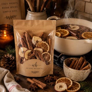 May include: A brown kraft paper pouch labeled DIY WILD BOTANICALS containing dried cinnamon sticks, orange slices, and apple slices. The pouch is positioned near a steaming pot filled with similar ingredients, a bowl of cinnamon sticks, and pinecones.