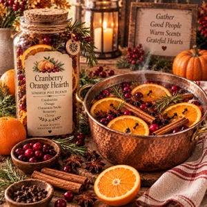 May include: A glass jar filled with dried cranberries, orange slices, and spices, labeled Cranberry Orange Hearth Simmer Pot Blend, next to a copper pot containing fresh orange slices, cranberries, rosemary, cinnamon sticks, and cloves in water.