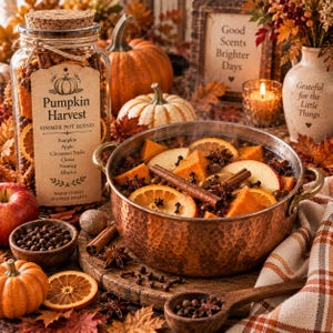 May include: A glass jar labeled Pumpkin Harvest Simmer Pot Blend containing dried fruit and spices, next to a hammered copper pot filled with water, orange slices, apple wedges, cinnamon sticks, star anise, and cloves on a wooden board.