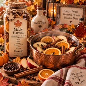 May include: A glass jar labeled Maple Harvest Simmer Pot Blend containing dried orange slices, cinnamon sticks, and spices, next to a hammered copper pot filled with simmering water, fresh apple slices, orange rounds, and whole cloves.