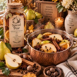May include: A glass jar labeled Spiced Pear Simmer Pot Blend containing dried fruit and spices next to a hammered copper pot filled with water, sliced pears, orange rounds, cinnamon sticks, star anise, and cloves on a wooden surface.