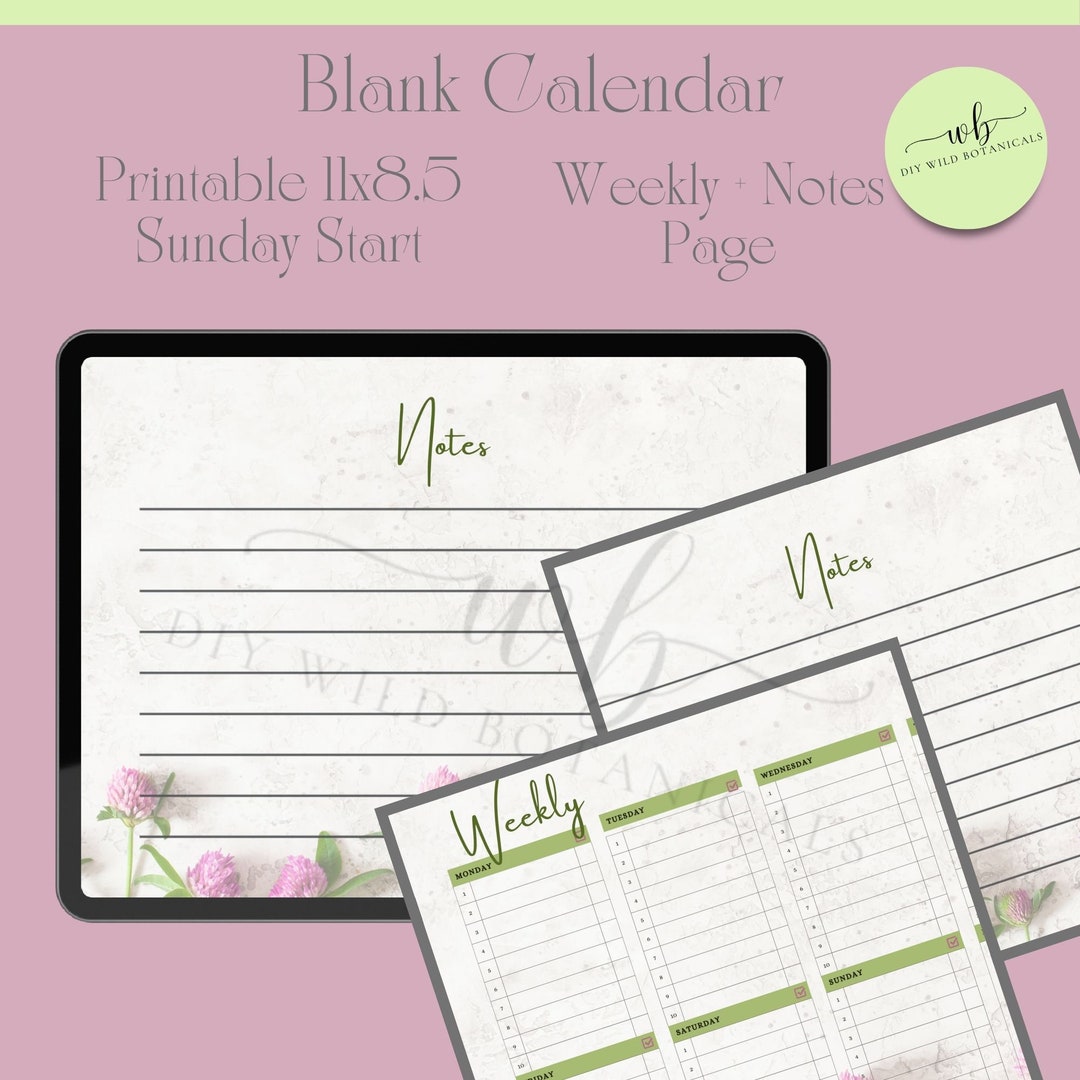 Blank Floral Calendar, Weekly Printable Pages, Printable Calendar Notes ...