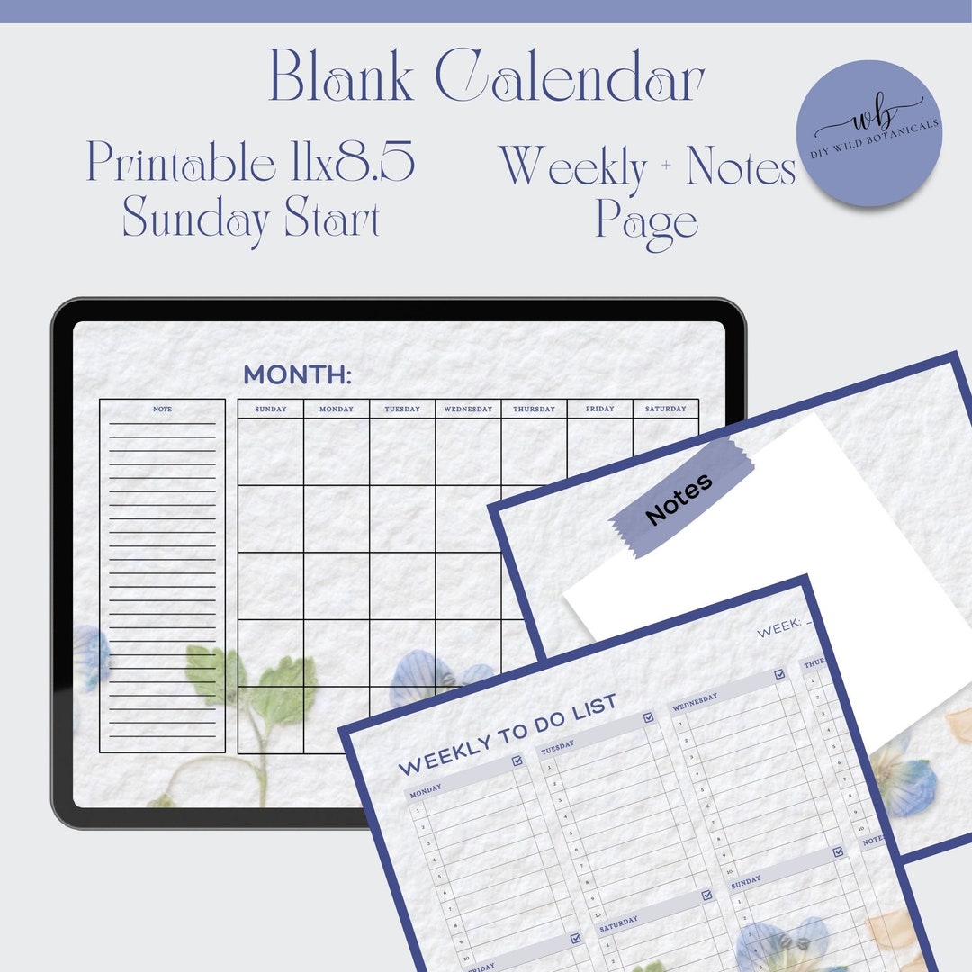 Blank Floral Calendar, Weekly Printable Pages, Printable Calendar Notes ...