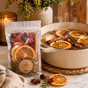 May include: A clear, resealable pouch containing dried orange slices, red cranberries, a cinnamon stick, and rosemary sprigs, with a round label reading "wb DIY WILD BOTANICALS". Next to it is a large, cream-colored pot filled with simmering liquid.