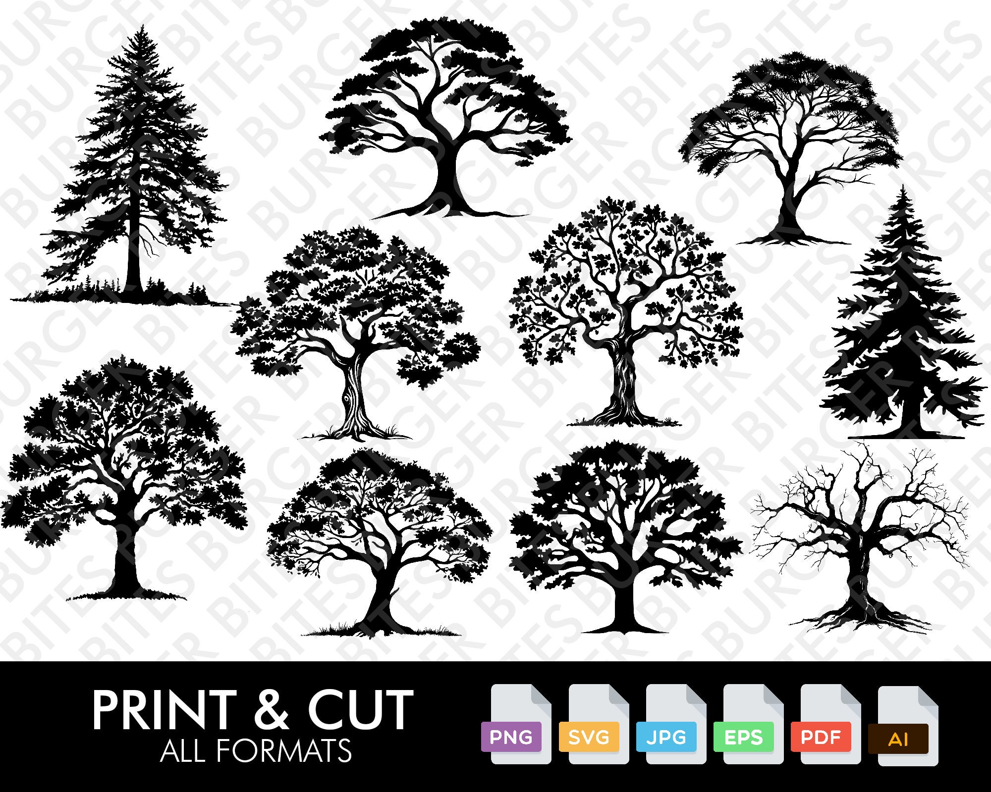 Trees Svg Forest Tree Clipart Oak and Pine Trees Silhouettes Etsy UK