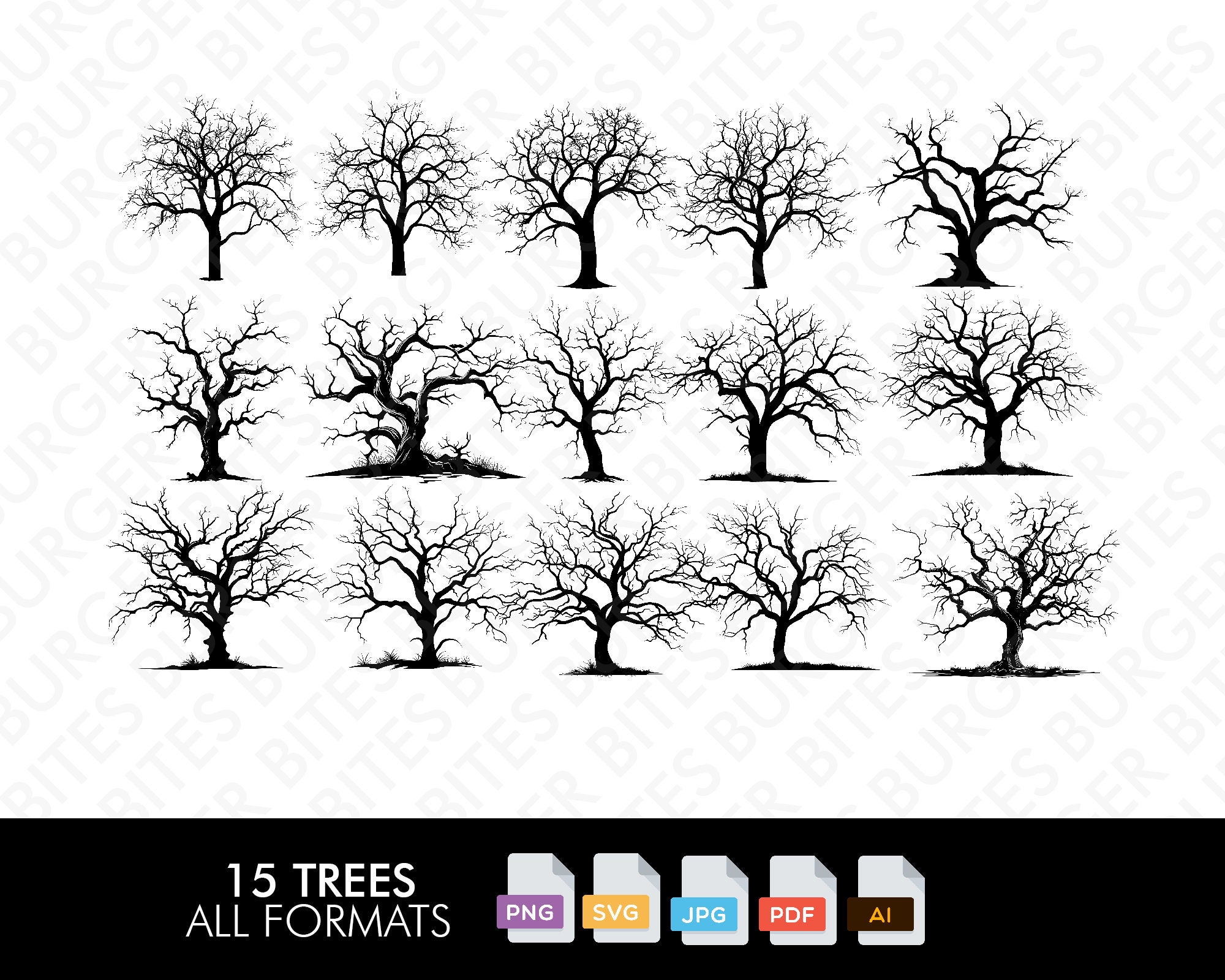 15 Trees Svg Forest Tree Clipart Oak and Pine Dead Trees Etsy