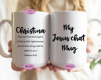Taza de café cristiana personalizada: Mi charla con Jesús, versículo bíblico