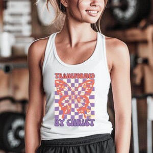 Retro Christian Workout Tank Top: Transformed Butterfly Gym Shirt