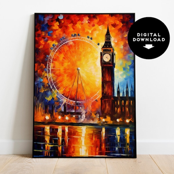 Big Ben & The London Eye Painting - Vibrant Oil Painting Style | Colorful Landmark Decor | PRINTABLE Digital Download
