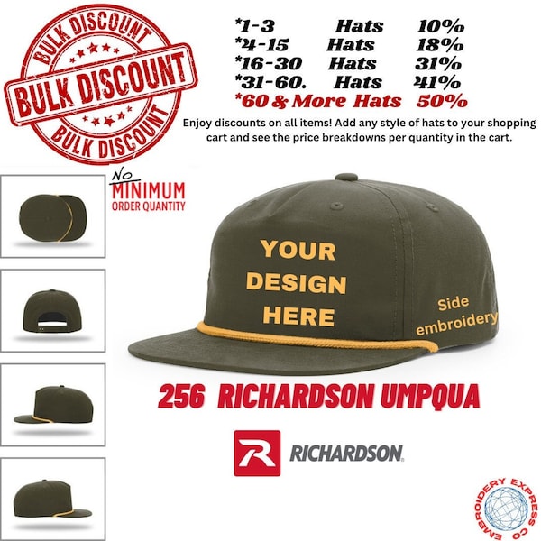 256 Umpqua Rope Hats, Custom Embroidery Hats, Five-panel Flat Bill Hats, Snapback Hats, Personalized Richardson Umpqua Hats